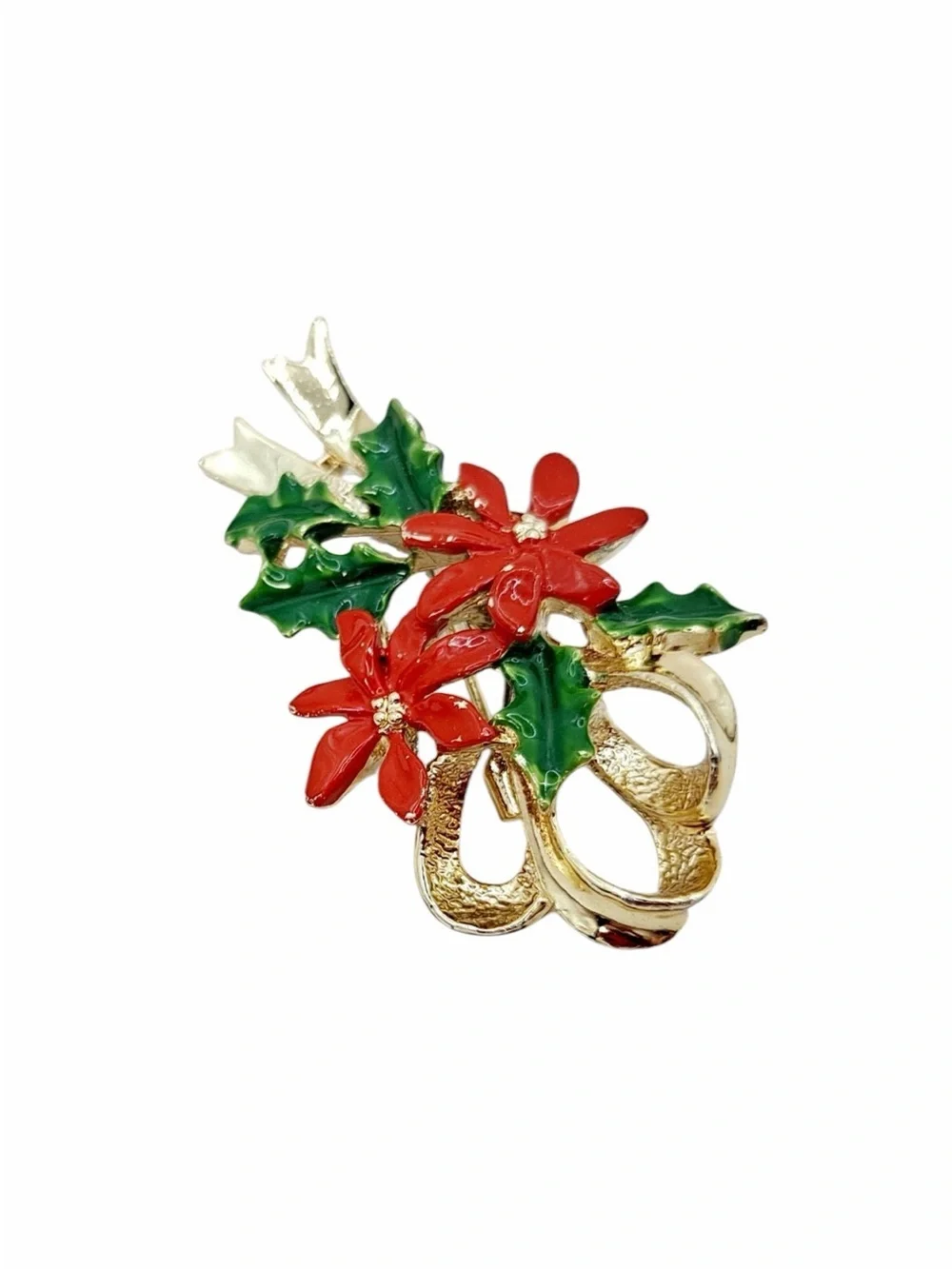 Vintage Gerry’s Christmas Poinsettia Holly Ribbon Gold Tone Enamel Brooch Pin